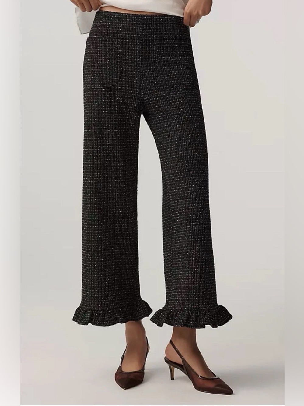 Anthropologie Colette Tweed Ruffle-Hem Crop Wide-Leg Pants Maeve—Size 28-NWT